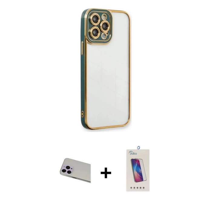 MARSİLYAN™- iPhone 13 Pro Max Kılıf Çekirdek Klasik Serisi - Siyah Joko 5D Cam + Rainbow Kamera Lens Koruma Cam - MR