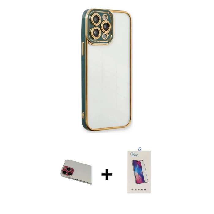 MARSİLYAN™- iPhone 13 Pro Max Kılıf Çekirdek Klasik Serisi - Siyah Joko 5D Cam + Rainbow Kamera Lens Koruma Cam - KI