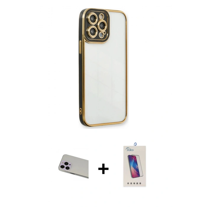 MARSİLYAN™- iPhone 13 Pro Max Kılıf Çekirdek Klasik Serisi - Siyah Joko 5D Cam + Rainbow Kamera Lens Koruma Cam - MR