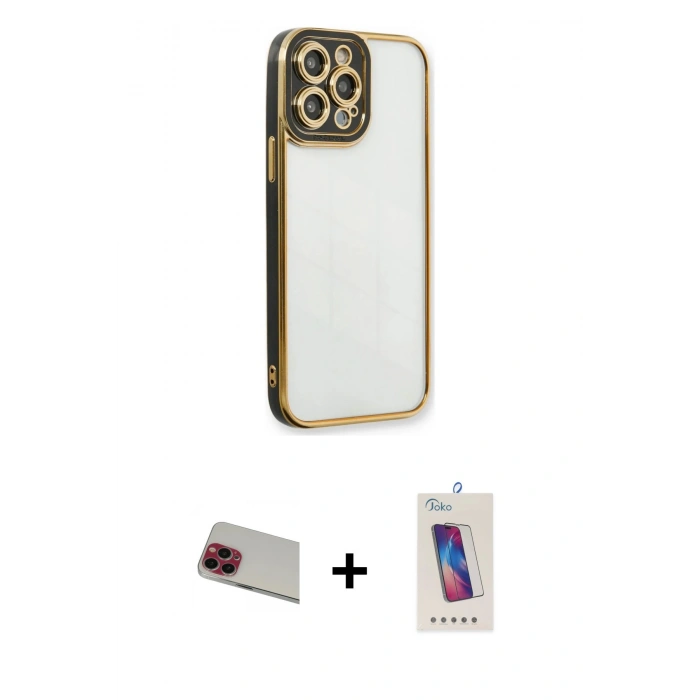 MARSİLYAN™- iPhone 13 Pro Max Kılıf Çekirdek Klasik Serisi - Siyah Joko 5D Cam + Rainbow Kamera Lens Koruma Cam - KI