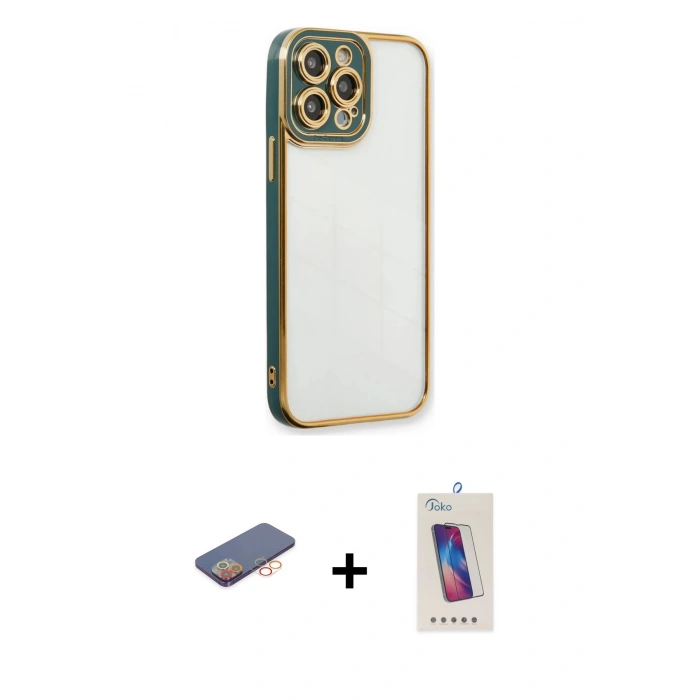 MARSİLYAN™- iPhone 13 Pro Max Kılıf Çekirdek Klasik Serisi - Siyah Joko 5D Cam + Renkli Kamera Lens Koruma Cam - TU
