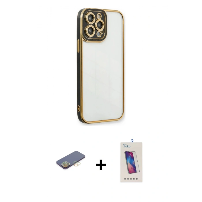 MARSİLYAN™- iPhone 13 Pro Max Kılıf Çekirdek Klasik Serisi - Siyah Joko 5D Cam + Renkli Kamera Lens Koruma Cam - SI
