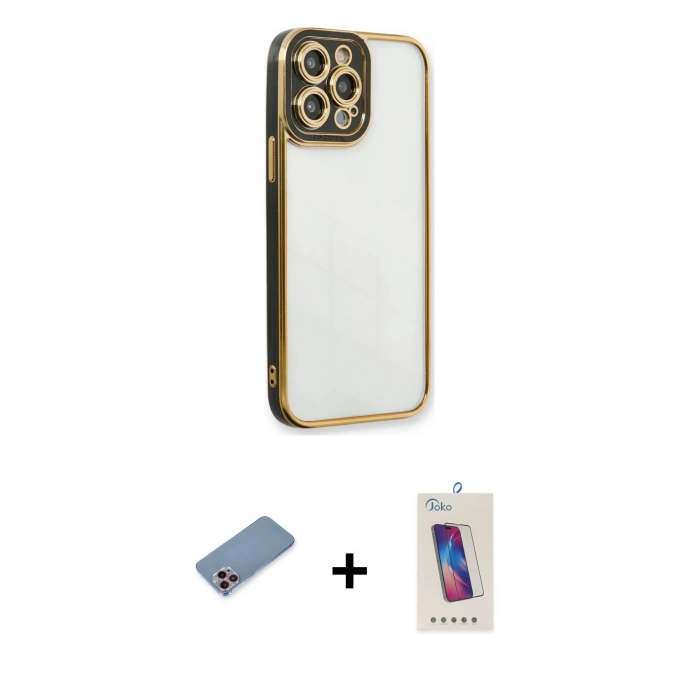 MARSİLYAN™- iPhone 13 Pro Max Kılıf Çekirdek Klasik Serisi - Siyah Joko 5D Cam + Shine Kamera Lens Koruma Cam - PE