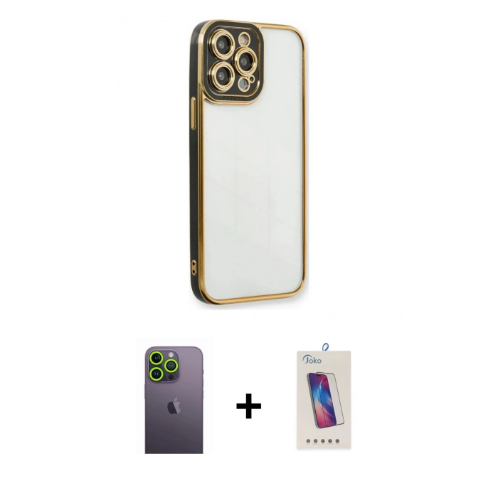 MARSİLYAN™- iPhone 13 Pro Max Kılıf Çekirdek Klasik Serisi - Siyah Joko 5D Cam + Neon Fosforlu Kamera Lens - YL