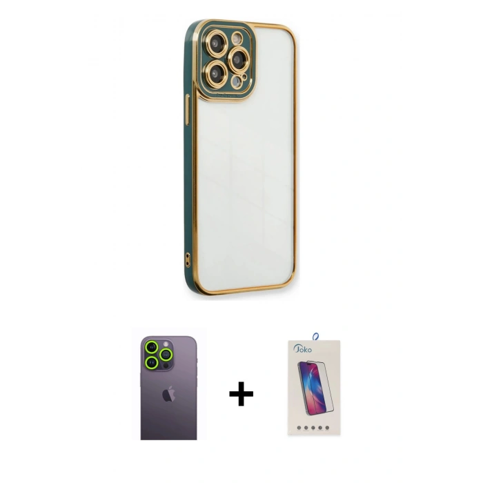 MARSİLYAN™- iPhone 13 Pro Max Kılıf Çekirdek Klasik Serisi - Siyah Joko 5D Cam + Neon Fosforlu Kamera Lens - YL