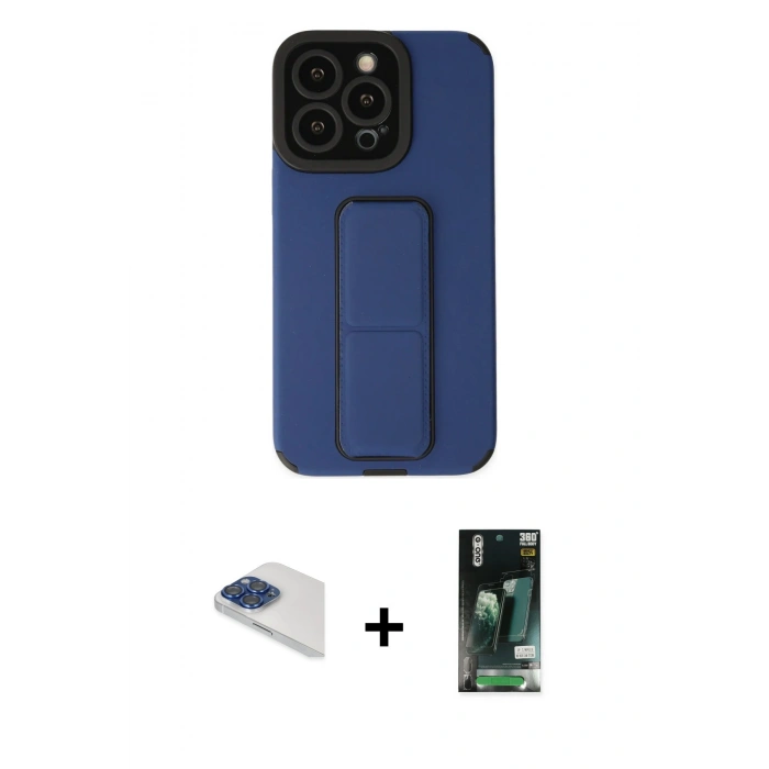 MARSİLYAN™- iPhone 13 Pro Max Kılıf Çekirdek Yansıma - Şeffaf 360 Full Body Arka Koruyucu + Lacivert Pers Alüminyum Kamera Lens
