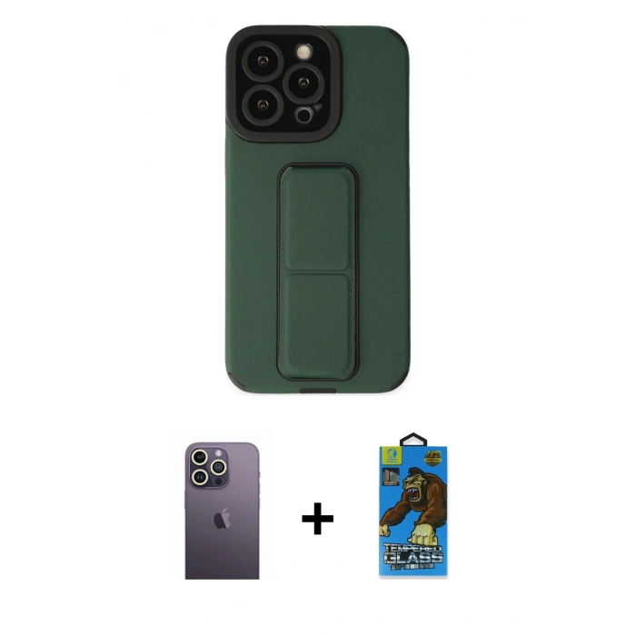 MARSİLYAN™- iPhone 13 Pro Max Kılıf Çekirdek Yansıma - Siyah 18D Cam Ekran Koruyucu + Neon Fosforlu Kamera Lens - BZ