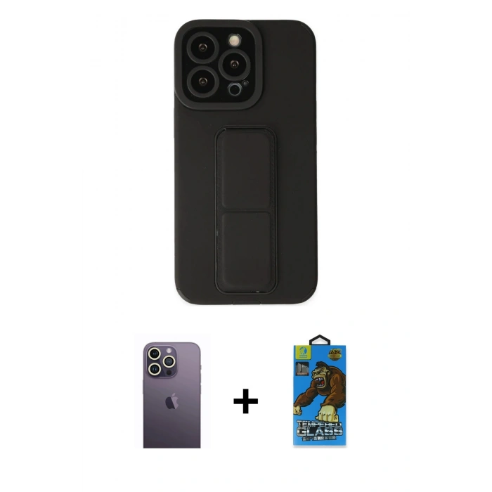 MARSİLYAN™- iPhone 13 Pro Max Kılıf Çekirdek Yansıma - Siyah 18D Cam Ekran Koruyucu + Neon Fosforlu Kamera Lens - BZ