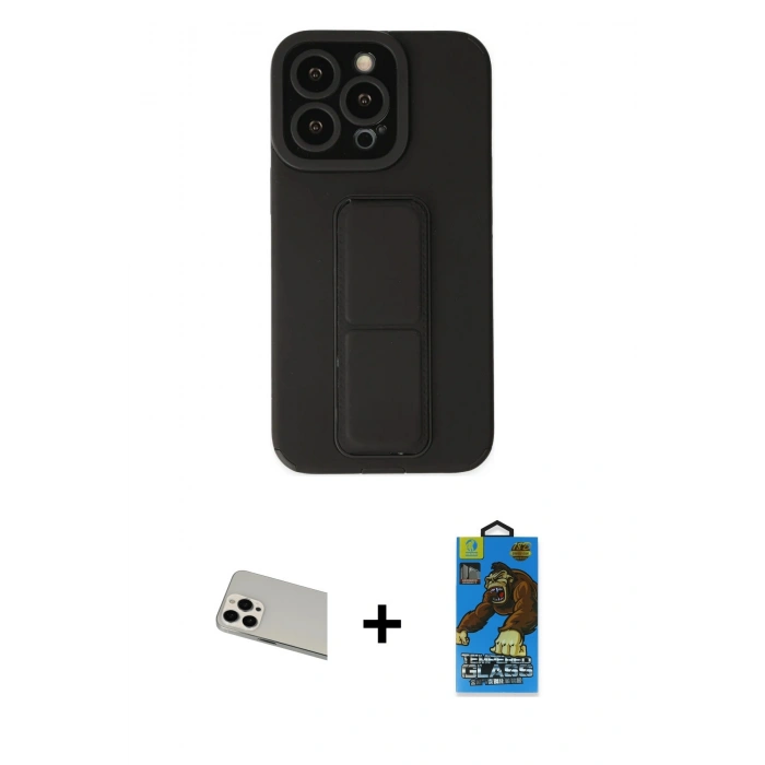 MARSİLYAN™- iPhone 13 Pro Max Kılıf Çekirdek Yansıma - Siyah 18D Cam Ekran Koruyucu + Beyaz Rainbow Kamera Lens Koruma Cam