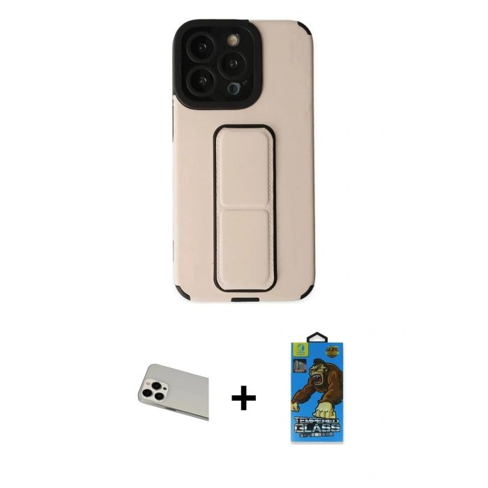 MARSİLYAN™- iPhone 13 Pro Max Kılıf Çekirdek Yansıma - Siyah 18D Cam Ekran Koruyucu + Beyaz Rainbow Kamera Lens Koruma Cam
