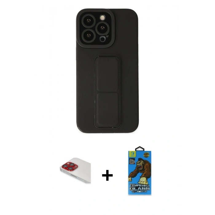 MARSİLYAN™- iPhone 13 Pro Max Kılıf Çekirdek Yansıma - Siyah 18D Cam Ekran Koruyucu + Kırmızı Pers Alüminyum Kamera Lens