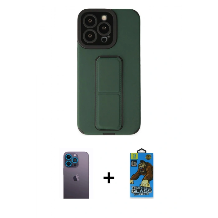 MARSİLYAN™- iPhone 13 Pro Max Kılıf Çekirdek Yansıma - Siyah 18D Cam Ekran Koruyucu + Neon Fosforlu Kamera Lens - MI