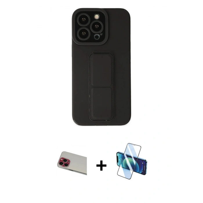 MARSİLYAN™- iPhone 13 Pro Max Kılıf Çekirdek Yansıma - Siyah 3D Antistatik Cam Ekran Koruyucu + Rainbow Kamera Lens Koruma Cam - KI