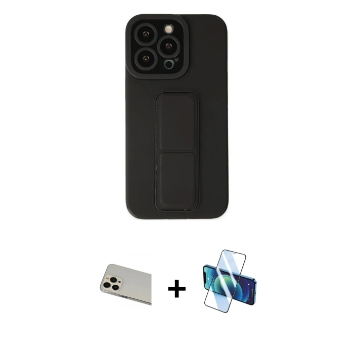 MARSİLYAN™- iPhone 13 Pro Max Kılıf Çekirdek Yansıma - Siyah 3D Antistatik Cam Ekran Koruyucu + Rainbow Kamera Lens Koruma Cam - REGD