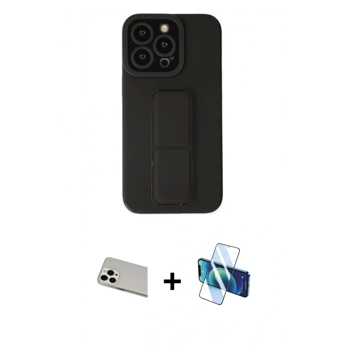 MARSİLYAN™- iPhone 13 Pro Max Kılıf Çekirdek Yansıma - Siyah 3D Antistatik Cam Ekran Koruyucu + Rainbow Kamera Lens Koruma Cam - BZ