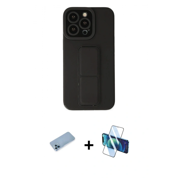 MARSİLYAN™- iPhone 13 Pro Max Kılıf Çekirdek Yansıma - Siyah 3D Antistatik Cam Ekran Koruyucu + Shine Kamera Lens Koruma Cam - MI