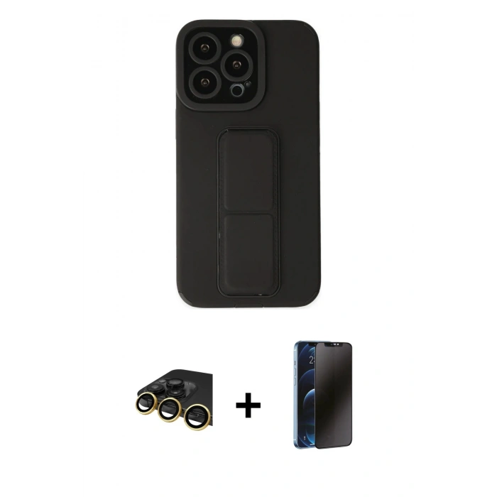 MARSİLYAN™- iPhone 13 Pro Max Kılıf Çekirdek Yansıma - Siyah 3D Antistatik Hayalet Cam Ekran Koruyucu + Raze Metal Kamera Lens - GD
