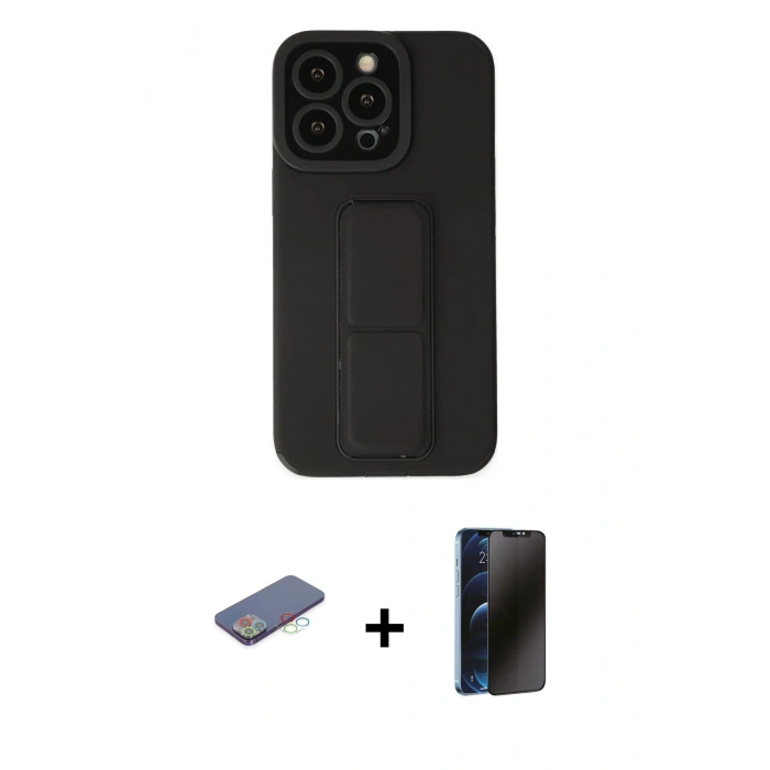 MARSİLYAN™- iPhone 13 Pro Max Kılıf Çekirdek Yansıma - Siyah 3D Antistatik Hayalet Cam Ekran Koruyucu + Renkli Kamera Lens Koruma Cam - MI