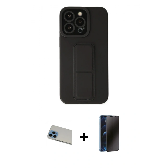 MARSİLYAN™- iPhone 13 Pro Max Kılıf Çekirdek Yansıma - Siyah 3D Antistatik Hayalet Cam Ekran Koruyucu + Rainbow Kamera Lens Koruma Cam - MI
