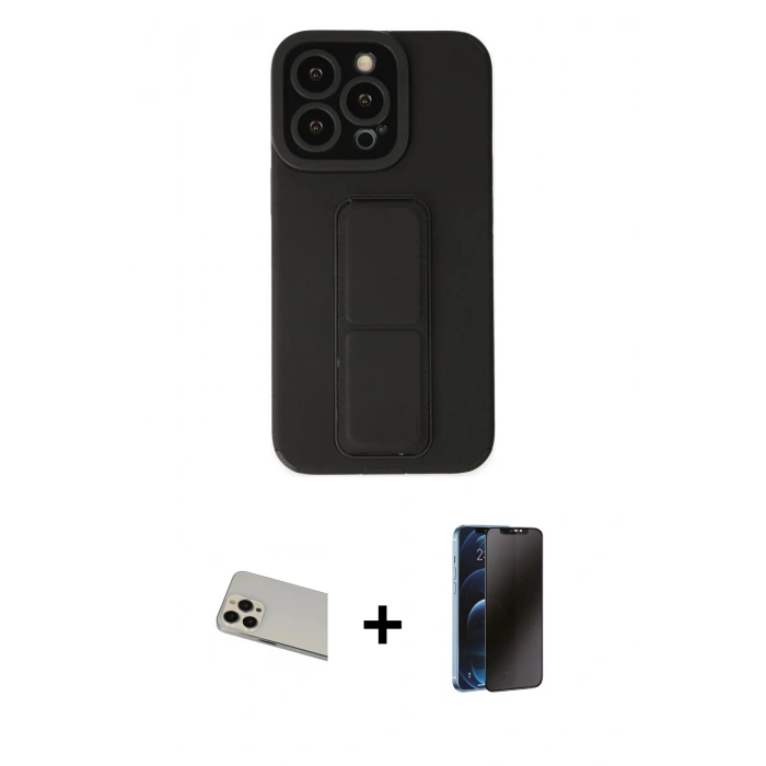 MARSİLYAN™- iPhone 13 Pro Max Kılıf Çekirdek Yansıma - Siyah 3D Antistatik Hayalet Cam Ekran Koruyucu + Rainbow Kamera Lens Koruma Cam - REGD