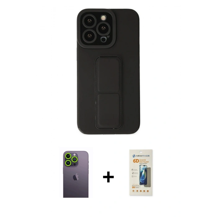 MARSİLYAN™- iPhone 13 Pro Max Kılıf Çekirdek Yansıma - Siyah 6D Mat Seramik Hayalet Nano Ekran Koruyucu + Neon Fosforlu Kamera Lens - YL