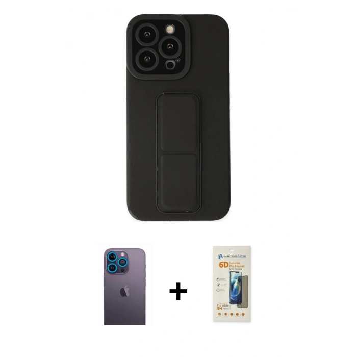 MARSİLYAN™- iPhone 13 Pro Max Kılıf Çekirdek Yansıma - Siyah 6D Mat Seramik Hayalet Nano Ekran Koruyucu + Neon Fosforlu Kamera Lens - MI