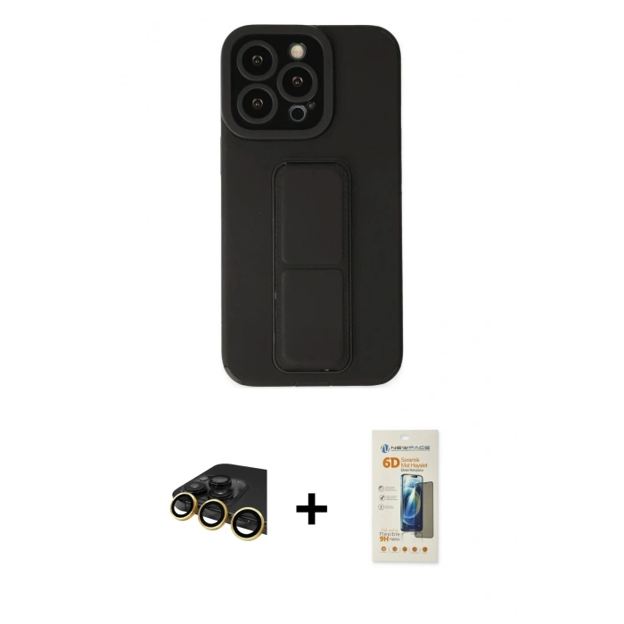 MARSİLYAN™- iPhone 13 Pro Max Kılıf Çekirdek Yansıma - Siyah 6D Mat Seramik Hayalet Nano Ekran Koruyucu + Raze Metal Kamera Lens - GD