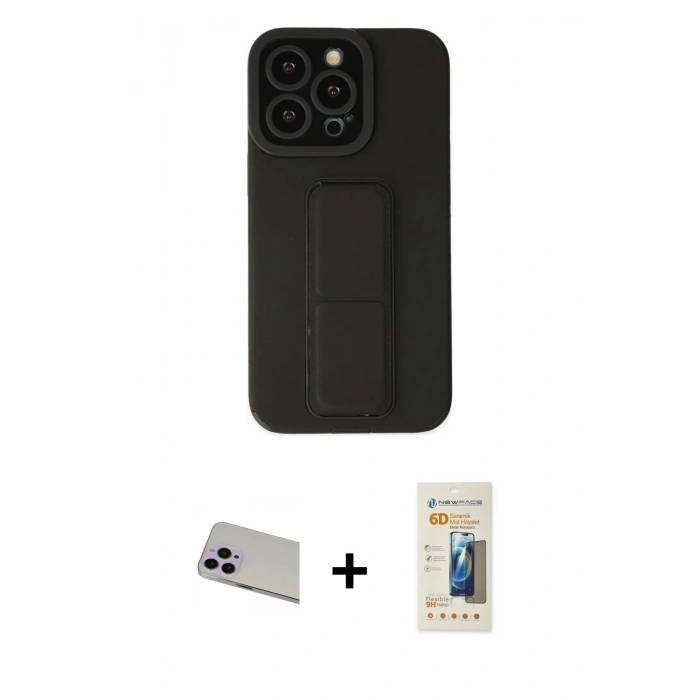 MARSİLYAN™- iPhone 13 Pro Max Kılıf Çekirdek Yansıma - Siyah 6D Mat Seramik Hayalet Nano Ekran Koruyucu + Mor Rainbow Kamera Lens Koruma Cam