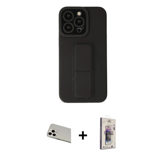 MARSİLYAN™- iPhone 13 Pro Max Kılıf Çekirdek Yansıma - Siyah Bilvis 3D Cam Ekran Koruyucu + Rainbow Kamera Lens Koruma Cam - BZ