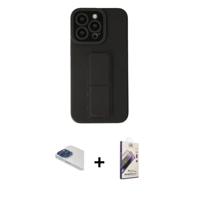 MARSİLYAN™- iPhone 13 Pro Max Kılıf Çekirdek Yansıma - Siyah Bilvis 3D Mat Cam Ekran Koruyucu + Lacivert Pers Alüminyum Kamera Lens