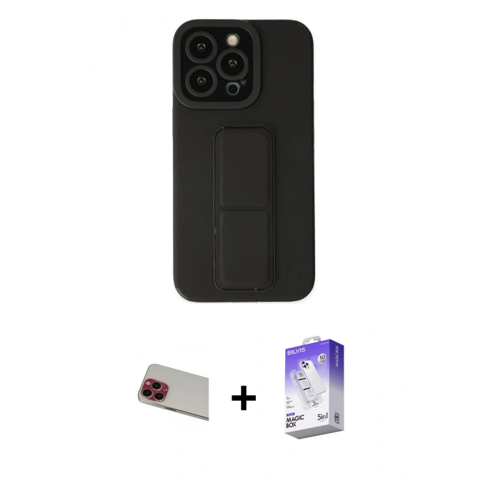 MARSİLYAN™- iPhone 13 Pro Max Kılıf Çekirdek Yansıma - Siyah Bilvis 5in1 3D Magic Cam Ekran Koruyucu + Rainbow Kamera Lens Koruma Cam - KI