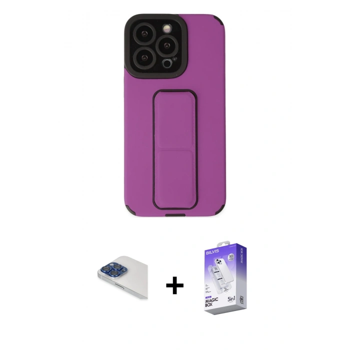 MARSİLYAN™- iPhone 13 Pro Max Kılıf Çekirdek Yansıma - Siyah Bilvis 5in1 3D Magic Cam Ekran Koruyucu + Lacivert Pers Alüminyum Kamera Lens