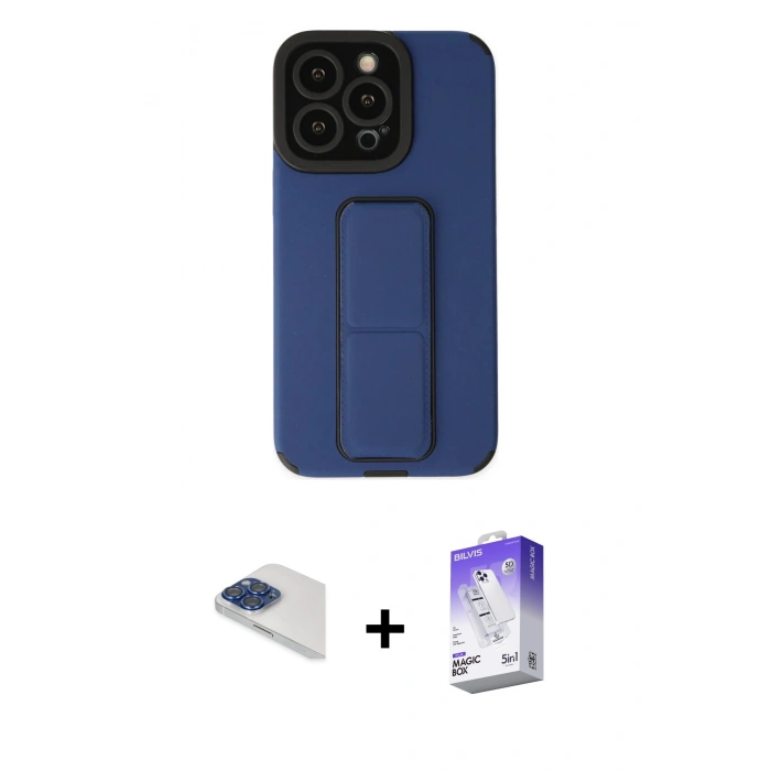 MARSİLYAN™- iPhone 13 Pro Max Kılıf Çekirdek Yansıma - Siyah Bilvis 5in1 3D Magic Cam Ekran Koruyucu + Lacivert Pers Alüminyum Kamera Lens
