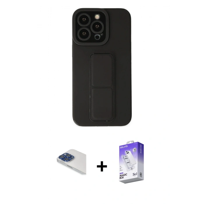 MARSİLYAN™- iPhone 13 Pro Max Kılıf Çekirdek Yansıma - Siyah Bilvis 5in1 3D Magic Cam Ekran Koruyucu + Lacivert Pers Alüminyum Kamera Lens