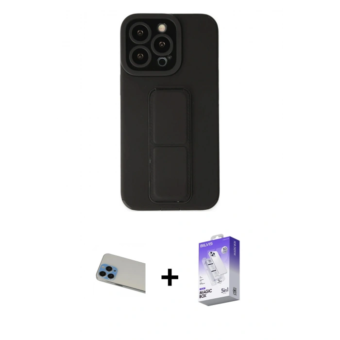MARSİLYAN™- iPhone 13 Pro Max Kılıf Çekirdek Yansıma - Siyah Bilvis 5in1 3D Magic Cam Ekran Koruyucu + Mavi Rainbow Kamera Lens Koruma Cam