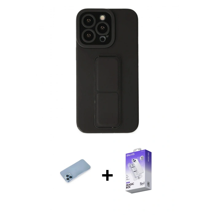 MARSİLYAN™- iPhone 13 Pro Max Kılıf Çekirdek Yansıma - Siyah Bilvis 5in1 3D Magic Cam Ekran Koruyucu + Shine Kamera Lens Koruma Cam - MI