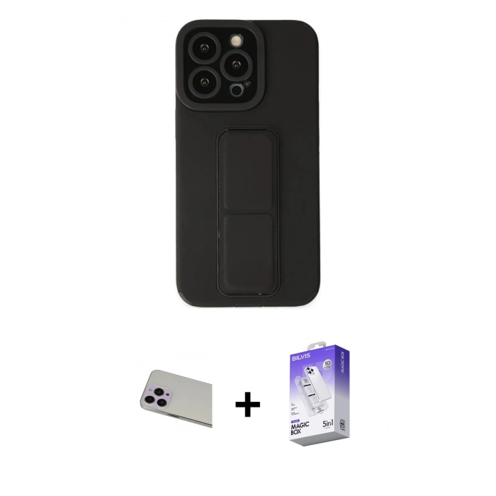 MARSİLYAN™- iPhone 13 Pro Max Kılıf Çekirdek Yansıma - Siyah Bilvis 5in1 3D Magic Cam Ekran Koruyucu + Mor Rainbow Kamera Lens Koruma Cam