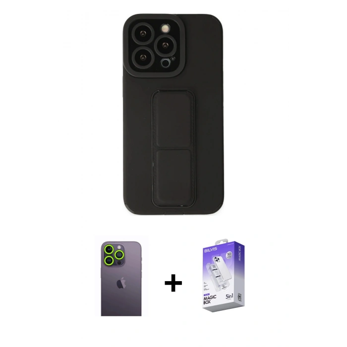 MARSİLYAN™- iPhone 13 Pro Max Kılıf Çekirdek Yansıma - Siyah Bilvis 5in1 3D Magic Cam Ekran Koruyucu + Neon Fosforlu Kamera Lens - YL