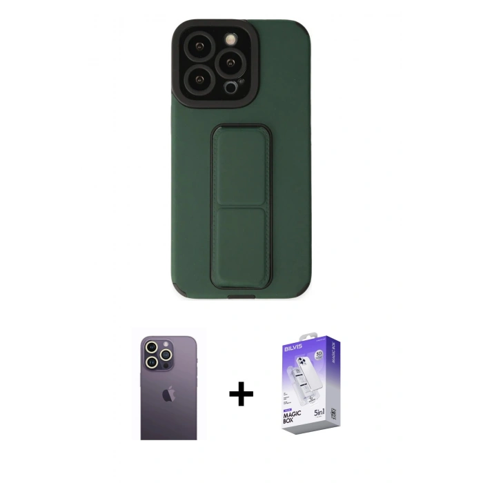 MARSİLYAN™- iPhone 13 Pro Max Kılıf Çekirdek Yansıma - Siyah Bilvis 5in1 3D Magic Cam Ekran Koruyucu + Neon Fosforlu Kamera Lens - BZ