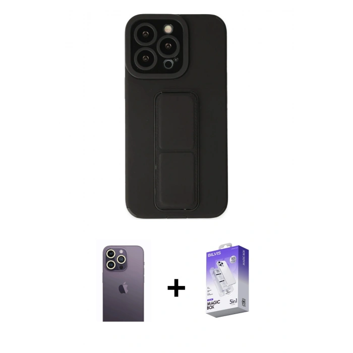 MARSİLYAN™- iPhone 13 Pro Max Kılıf Çekirdek Yansıma - Siyah Bilvis 5in1 3D Magic Cam Ekran Koruyucu + Neon Fosforlu Kamera Lens - BZ
