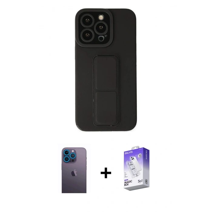 MARSİLYAN™- iPhone 13 Pro Max Kılıf Çekirdek Yansıma - Siyah Bilvis 5in1 3D Magic Cam Ekran Koruyucu + Neon Fosforlu Kamera Lens - MI