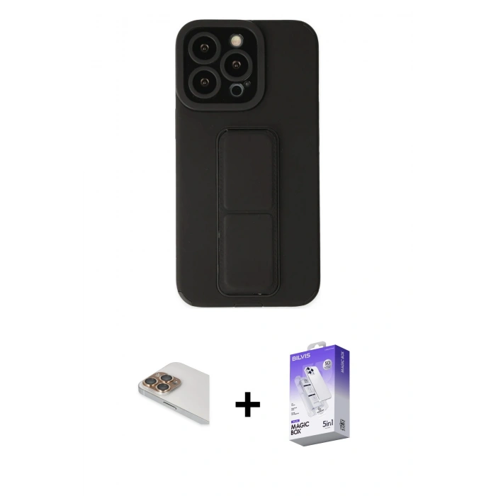 MARSİLYAN™- iPhone 13 Pro Max Kılıf Çekirdek Yansıma - Siyah Bilvis 5in1 3D Magic Cam Ekran Koruyucu + Pers Alüminyum Kamera Lens - GD