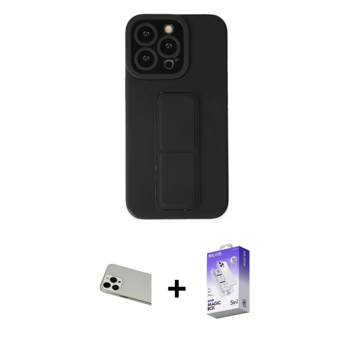 MARSİLYAN™- iPhone 13 Pro Max Kılıf Çekirdek Yansıma - Siyah Bilvis 5in1 3D Magic Cam Ekran Koruyucu + Rainbow Kamera Lens Koruma Cam - BZ