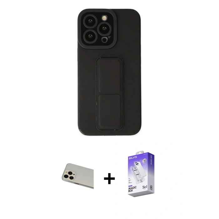 MARSİLYAN™- iPhone 13 Pro Max Kılıf Çekirdek Yansıma - Siyah Bilvis 5in1 3D Magic Cam Ekran Koruyucu + Rainbow Kamera Lens Koruma Cam - REGD