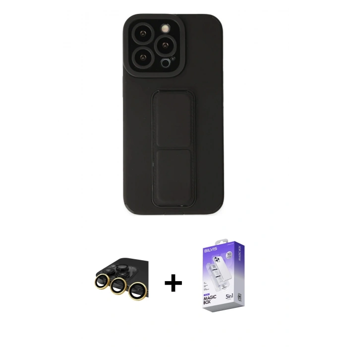 MARSİLYAN™- iPhone 13 Pro Max Kılıf Çekirdek Yansıma - Siyah Bilvis 5in1 3D Magic Cam Ekran Koruyucu + Raze Metal Kamera Lens - GD