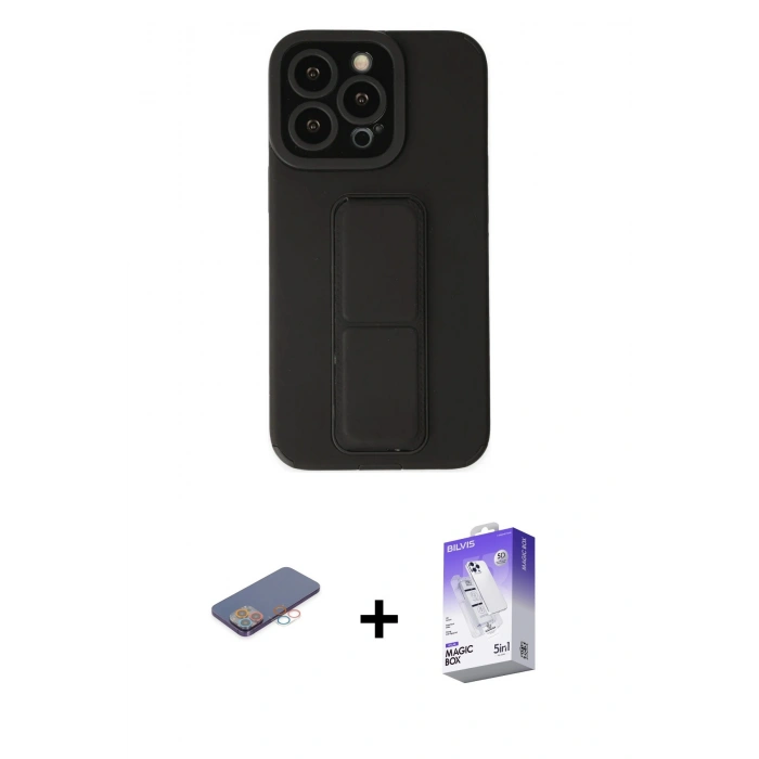MARSİLYAN™- iPhone 13 Pro Max Kılıf Çekirdek Yansıma - Siyah Bilvis 5in1 3D Magic Cam Ekran Koruyucu + Renkli Kamera Lens Koruma Cam - PE