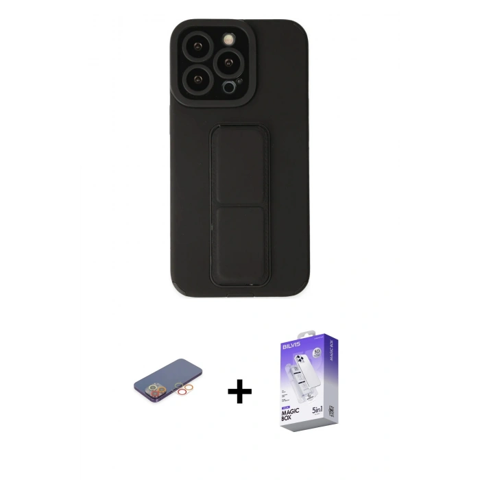 MARSİLYAN™- iPhone 13 Pro Max Kılıf Çekirdek Yansıma - Siyah Bilvis 5in1 3D Magic Cam Ekran Koruyucu + Renkli Kamera Lens Koruma Cam - TU