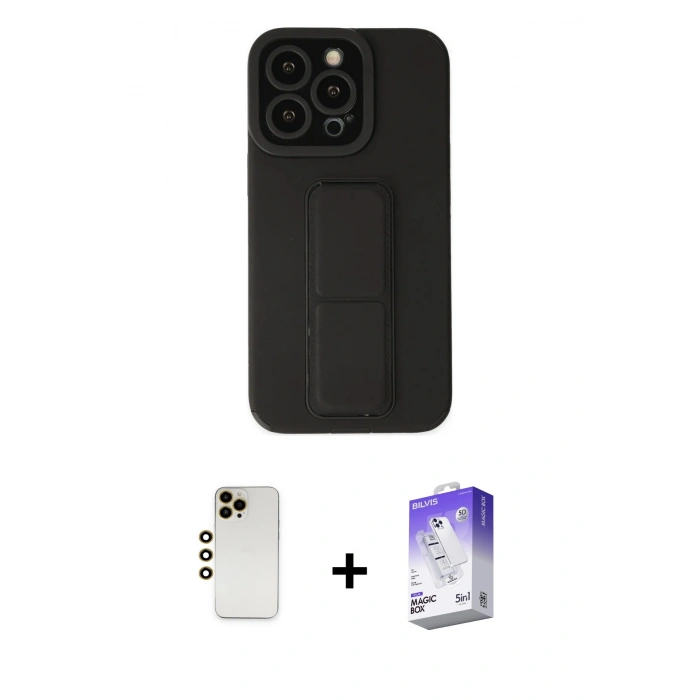 MARSİLYAN™- iPhone 13 Pro Max Kılıf Çekirdek Yansıma - Siyah Bilvis 5in1 3D Magic Cam Ekran Koruyucu + Shine Kamera Lens - GD