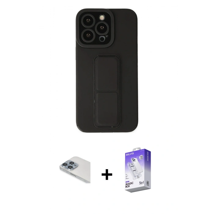 MARSİLYAN™- iPhone 13 Pro Max Kılıf Çekirdek Yansıma - Siyah Bilvis 5in1 3D Magic Cam Ekran Koruyucu + Pers Alüminyum Kamera Lens - SABE