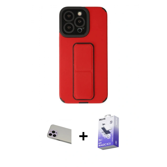 MARSİLYAN™- iPhone 13 Pro Max Kılıf Çekirdek Yansıma - Siyah Bilvis 5in1 5D Magic Hayalet Cam Ekran Koruyucu + Mor Rainbow Kamera Lens Koruma Cam